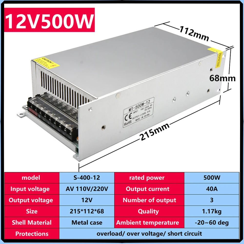 

DC stabilized Power Supply 12V 500W Lighting Transformer Switching Power Suply Source Adapter LED Strip Switch Driver