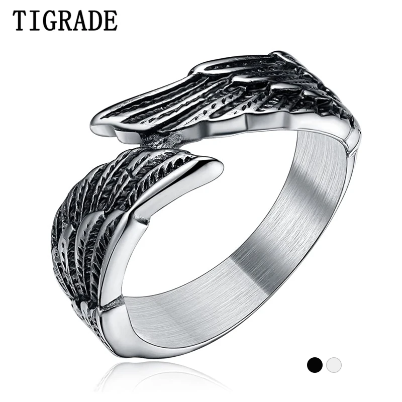 

TIGRADE Vintage Men Stainless Steel Ring Women Antique Feather Angel Wing Cast Black Silver Color Band Cocktail Ring Comfort Fit