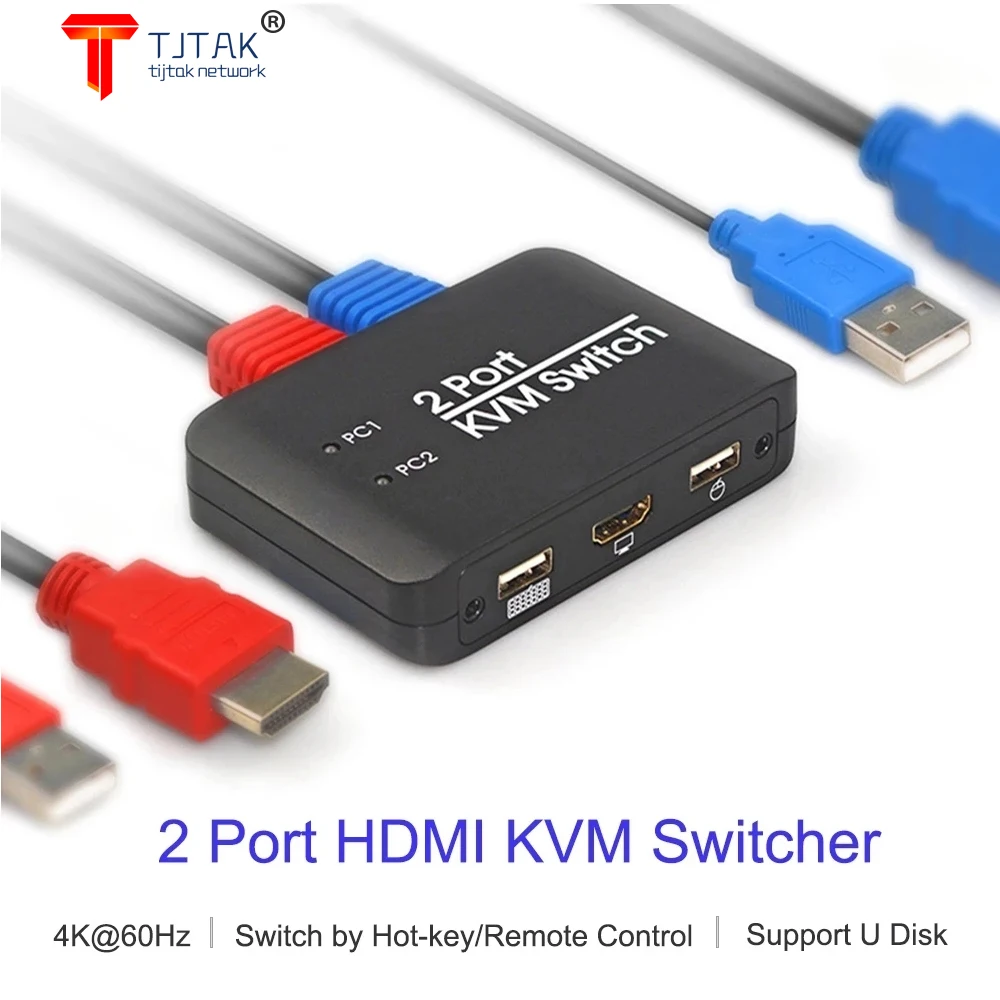 4k @60Hz 2 portas hdmi KVM switch usb interruptor KVM switcher splitter com fio de 1.2m 2 em 1 fora interruptor KVM apoio usb