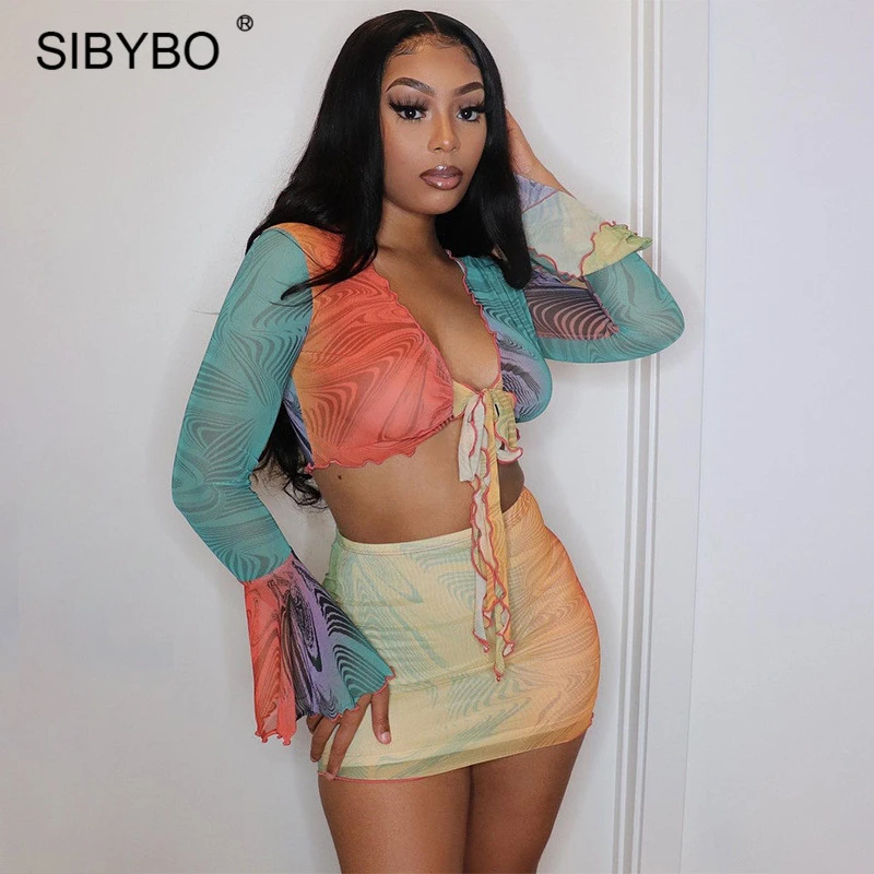 

Sibybo Mesh Tie Dye Print Sexy Bodycon Dress Women V-Neck Lace Up Mini Dresses 2 Piece Set Femme Spring Clubwear Party Vestidos