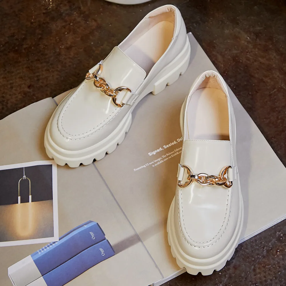 

Women's genuine leather thick sole platform slip-on flats loafers leisure soft comfortable moccasins chain female casual shoes