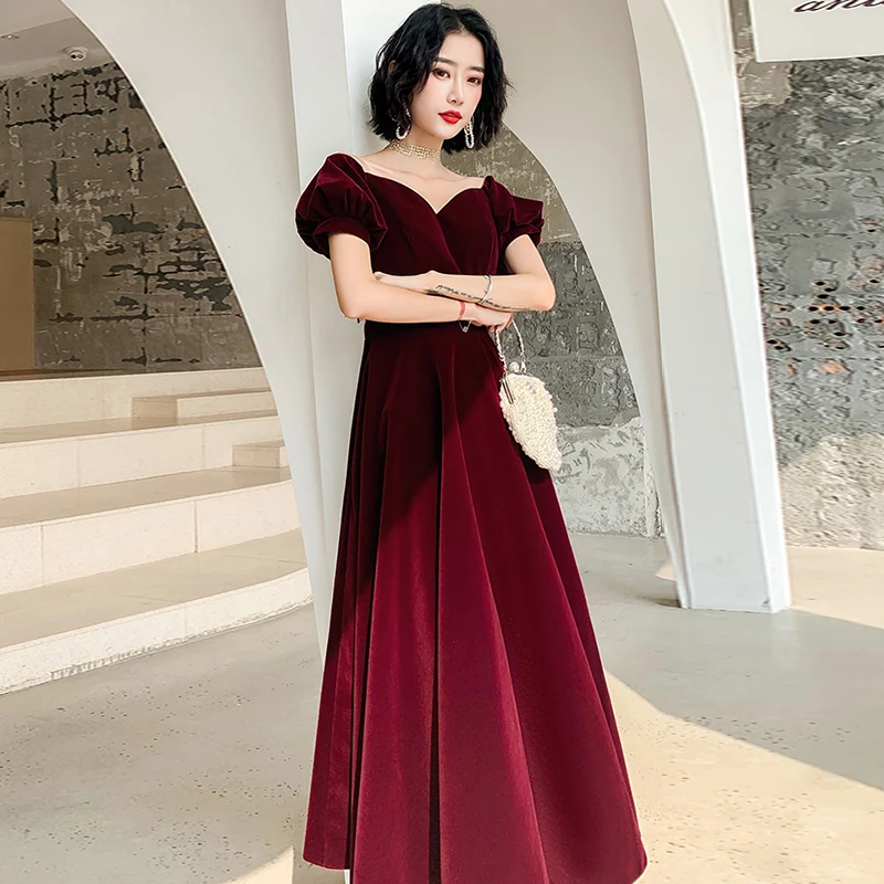 

Burgundy Cocktail Dresses Velour Off the Shoulder Elegant Short Party Dress Homecoming Dresses Short Sleeves