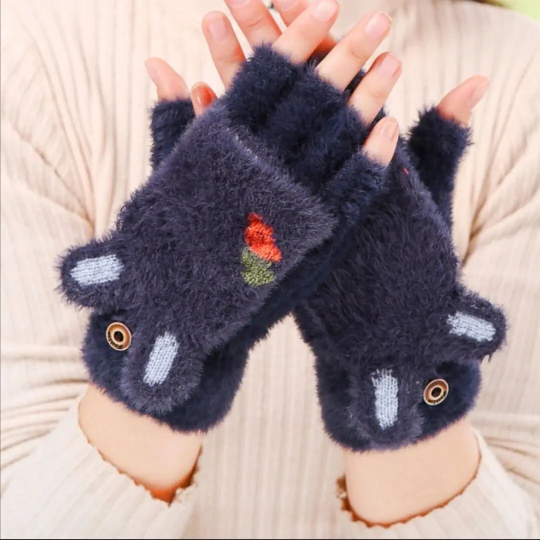 

Female Girl Wrist Fingerless Gloves Cute Cartoon Ribbed Ear Thicken Warm Women's Glove Half Fingers Winter Mitten Outdoor Riding