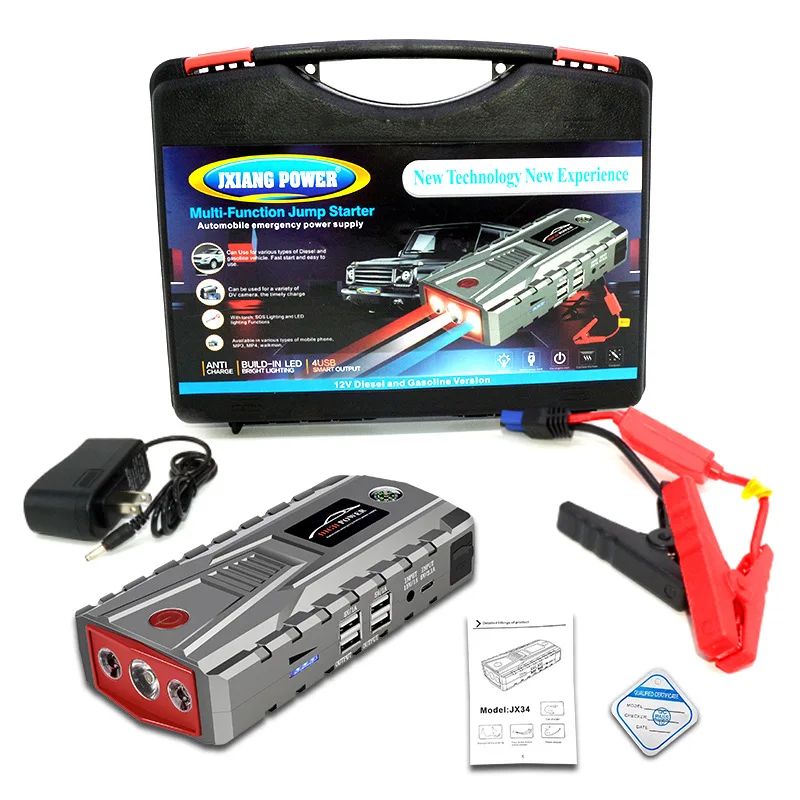 

28000mAh Car Jump Starter Power Bank Portable Charger Car Battery Power Bank 4 USB Powerbank with LED Flashlight Safety Hammer