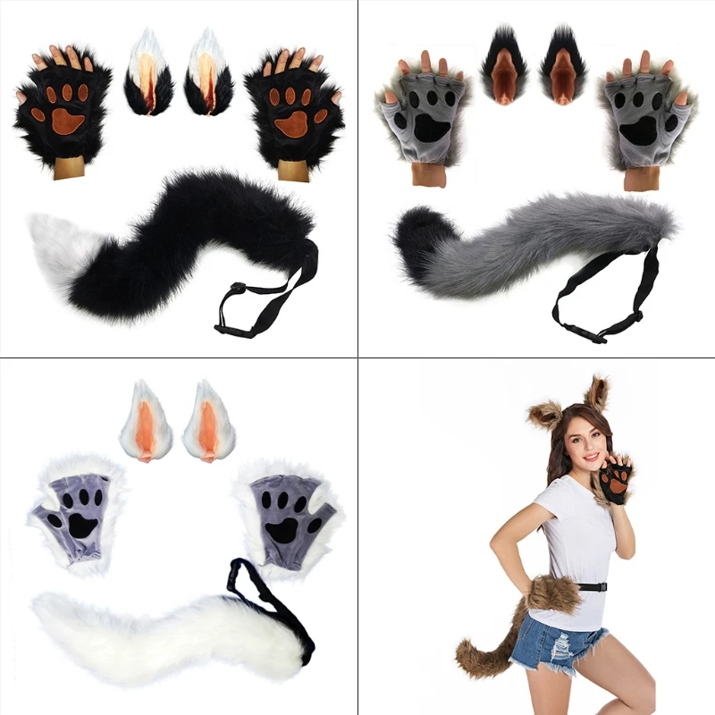 

3pcs Animal Costume Accessories Set Faux Fur Kitten Wolf Ears Hair Clips Long Tail Plush Gloves Halloween Cosplay Props