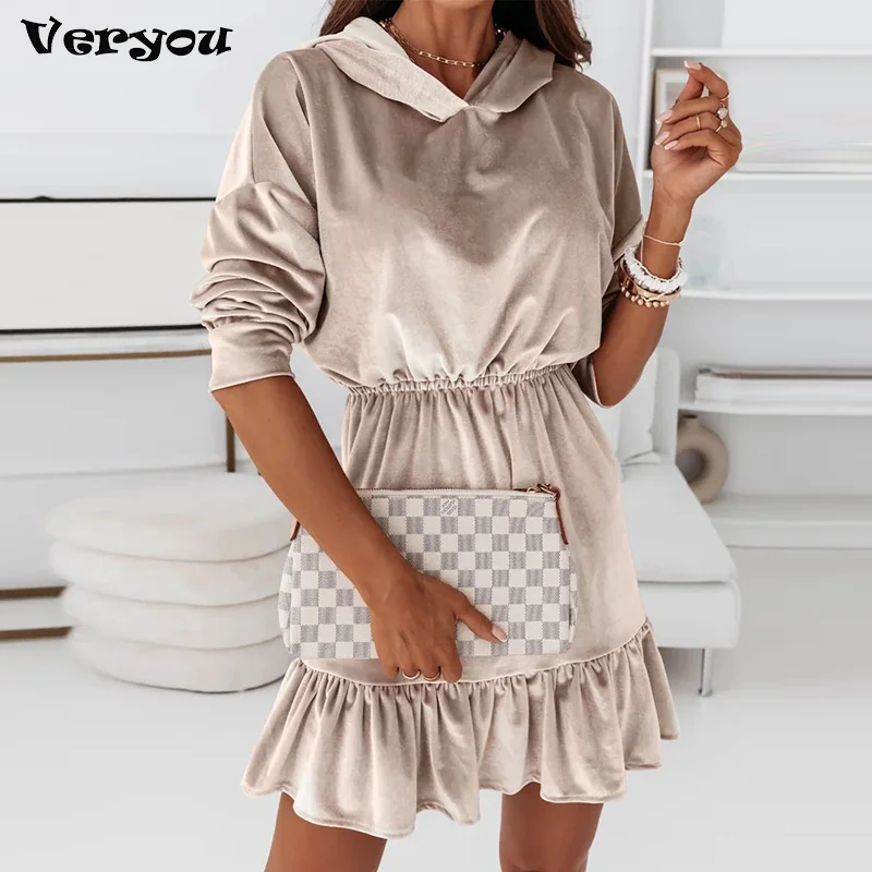 

2021 Autumn Solid Elastic Waist Velvet Party Dress Women Elegant Ruffle Hooded Pullover Dress Winter Long Sleeve Soft Mini Dress