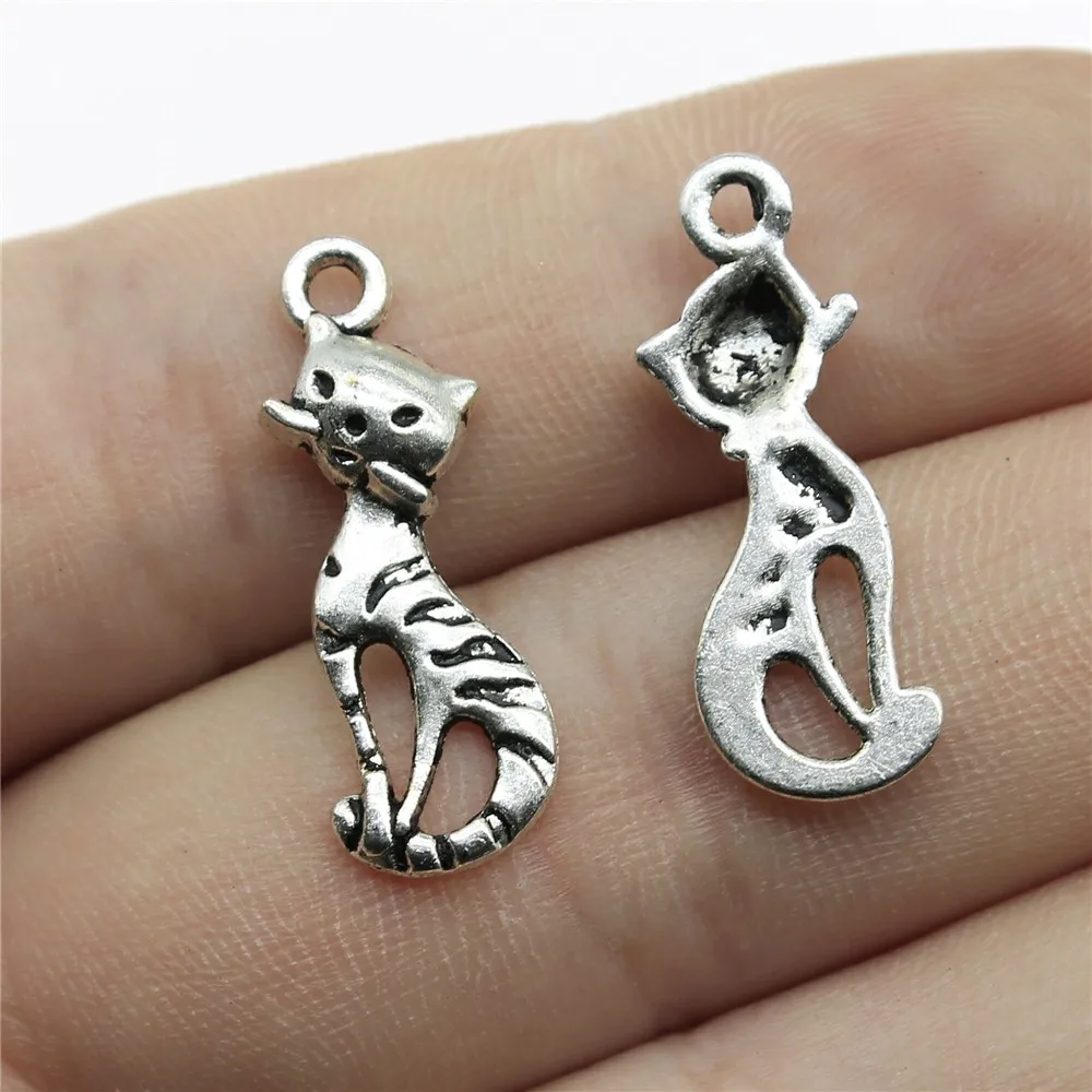 

WYSIWYG 20pcs 25x9mm Charms Cat Handmade Craft Pendant Making Fit Vintage Tibetan Silver Color DIY For Bracelet Necklace