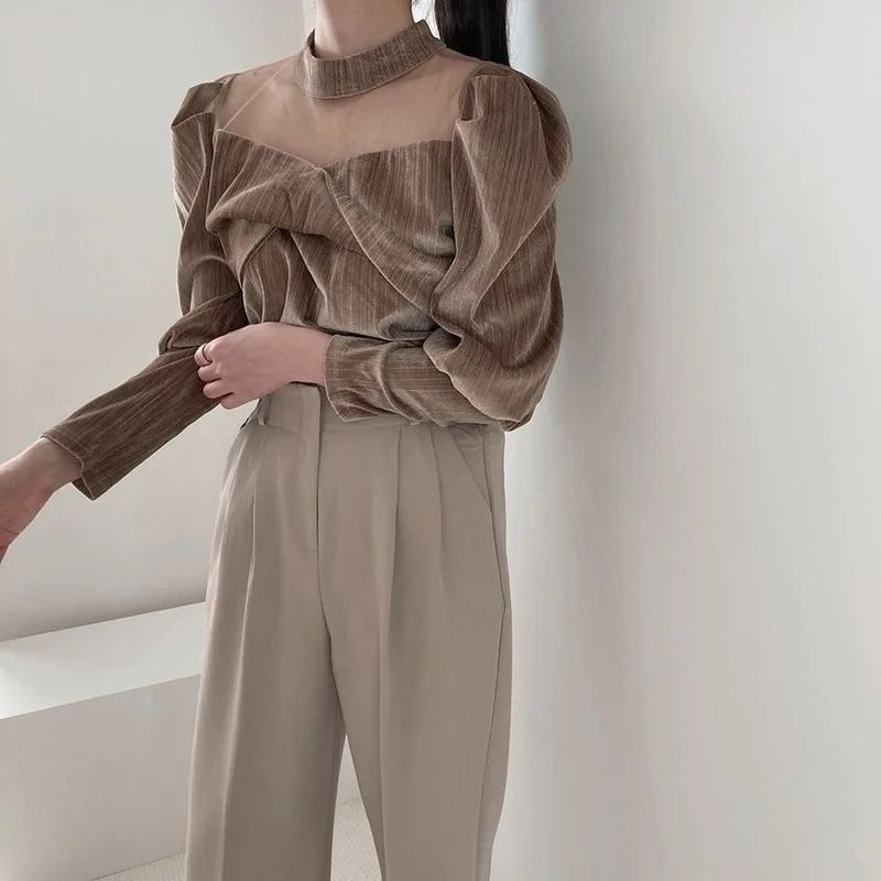 

ZAWAHIKI Shirts Velvet Solid Vintage Mesh Patchwork Blusas Mujer 2021 Spring Puff Sleeve O-neck Elegant Fashion Women Blouses