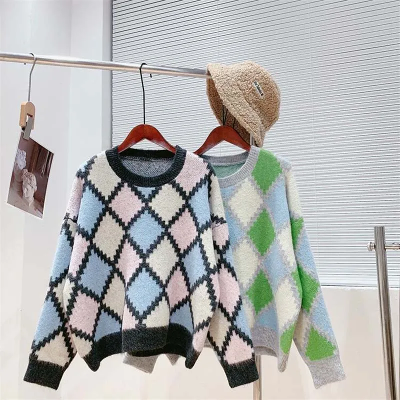 

DAYIFUN Argyle Sweater O Neck Pullover Leisure Baggy Knitting Geometric Print Preppy Style Korean Fashion Sweet Women's Jumper