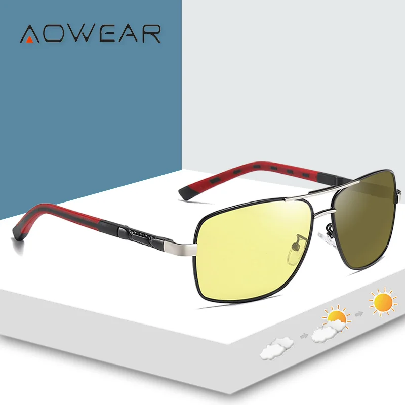 

AOWEAR Day Night Driving Photochromic Sunglasses Men Polarized Yellow Chameleon Glasses Male Color Change Lens Square Sunglass