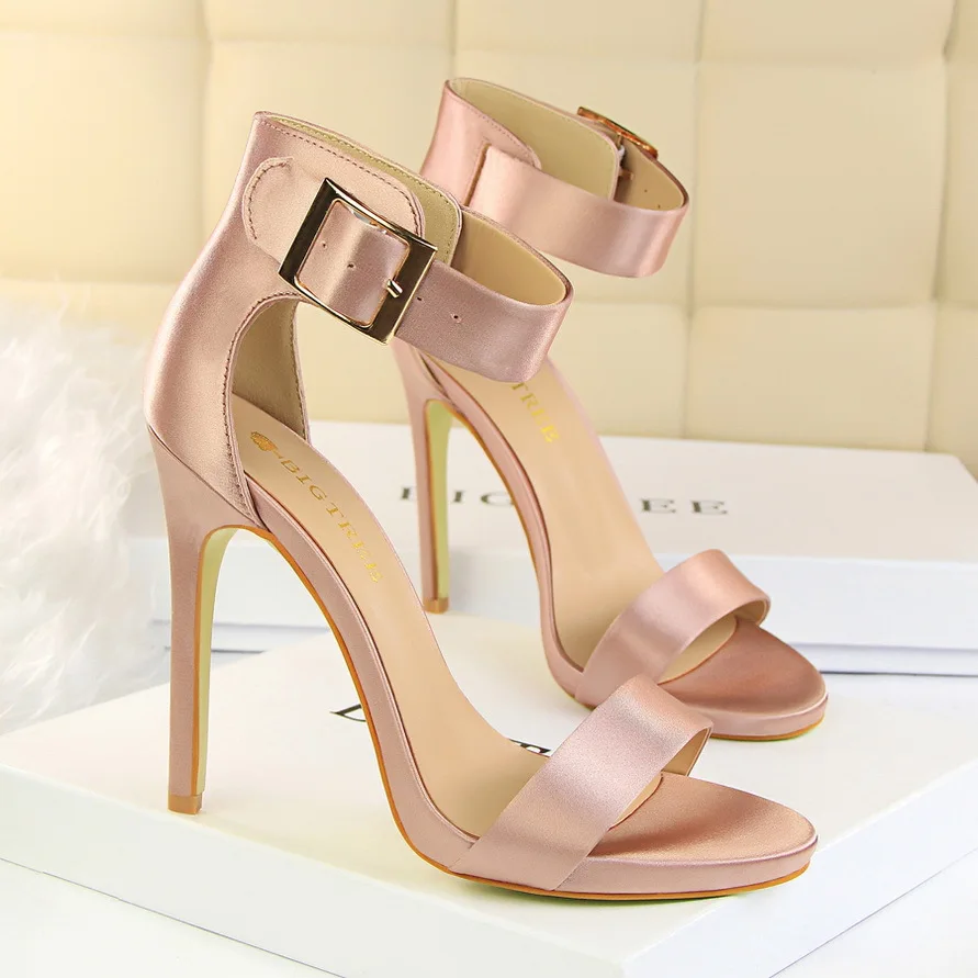 

Fashionable, Simple and Sexy Nightclub with Thin Heel and Super High Heel Satin Metal Belt Buckle with Sandals Shoes for Women