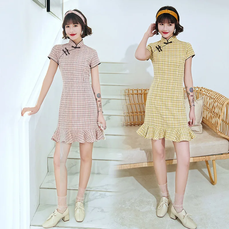 

Chinese Style Women Cheongsam Summer Cotton Linen Daily Dress Plaid Vintage Handmade Button Fishtail Mini Qipao S-2XL