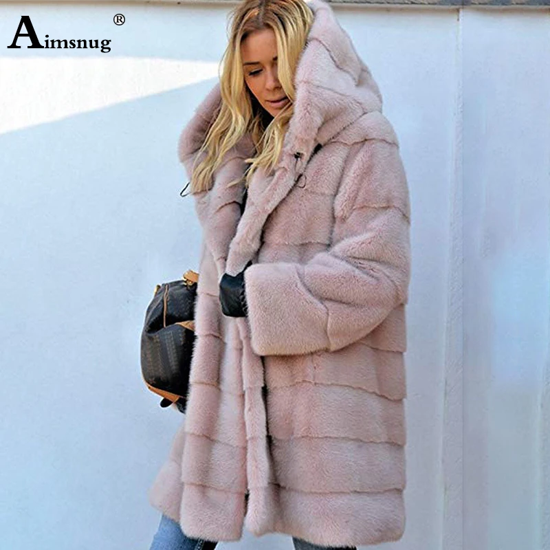 Размера плюс 4XL 5XL Европа и Америка средне-длинная куртка с секциями однотонные розовые плюшевые пальто с капюшоном из искусственного меха зимняя Для женщин теплая куртка