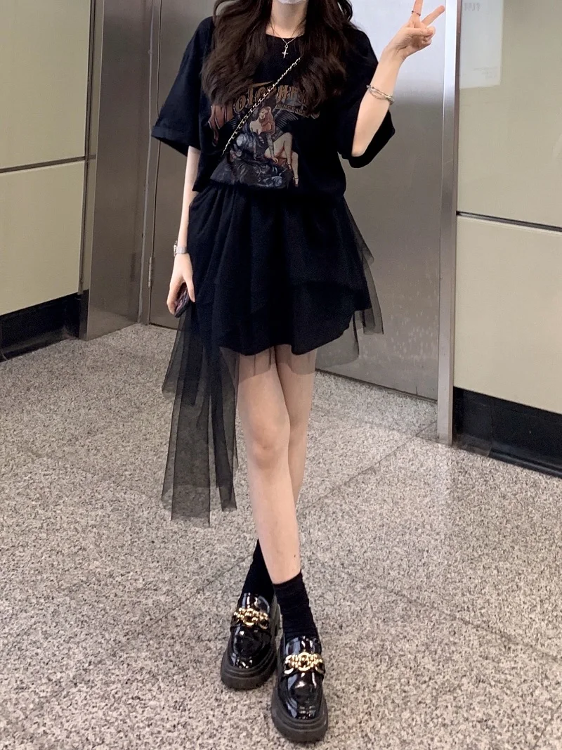 

2554 Summer 2021 new loose mid-length design American short-sleeved sweet cool T-shirt