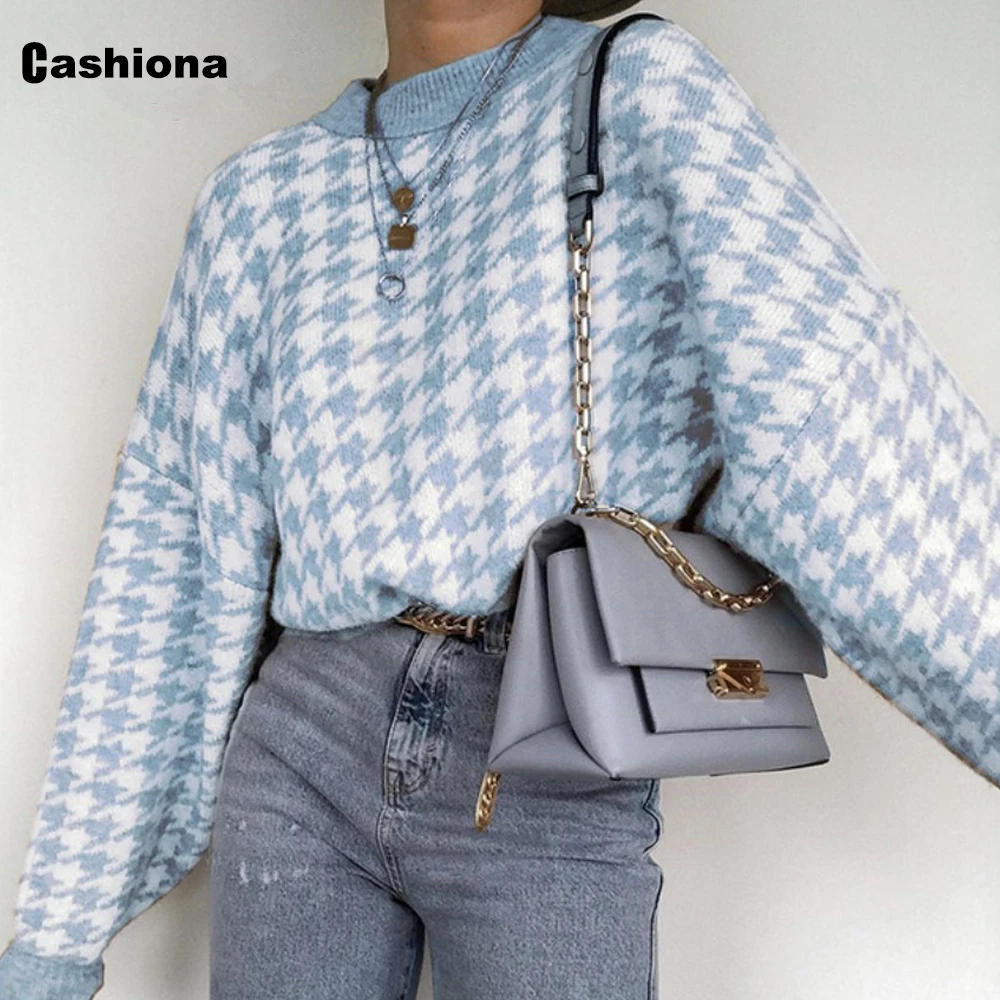 

Women Autumn New Knitting Sweater Femme Round Neck Jumper Pullovers Loose Houndstooth Sweater Tops Fashion Womens Clothing 2020