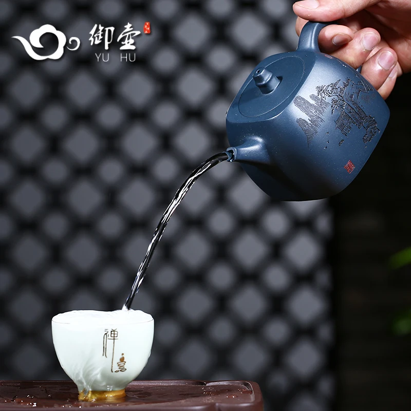 

Royal pot of yixing recommended all hand Fang Qi teapot pure ore azure mud carved four party han priests tea set