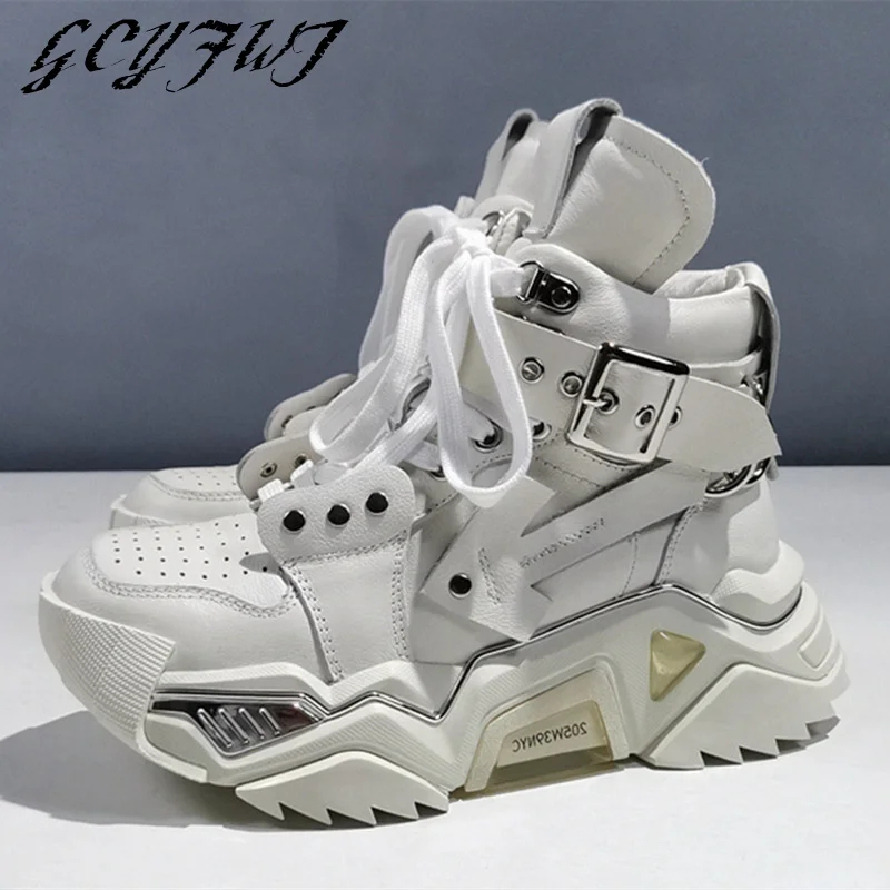 

Women Sneakers High-Top Buckle Strap Lace-Up Flat Platform Female Shoes Thick Bottom Metal Decoration Fashion Chaussure Femme