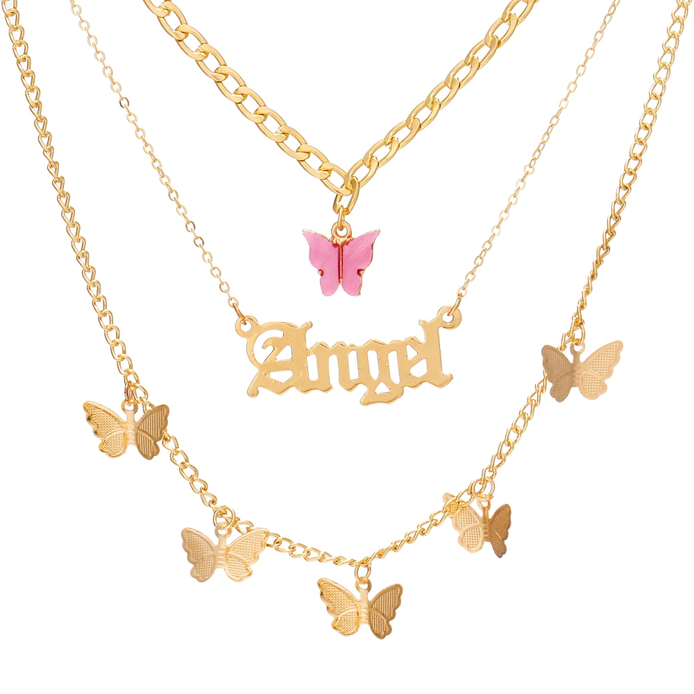 2021 Vintage Multilayer Acrylic Butterfly Choker Necklace Fashion Women Letter Golden Chain Layered Necklace Jewelry Party Gift