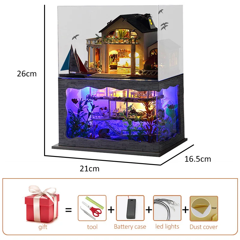 diy miniature dollhouse kit big houses sea villa wooden doll house with furniture roombox assemble toys kids birthday gifts casa free global shipping