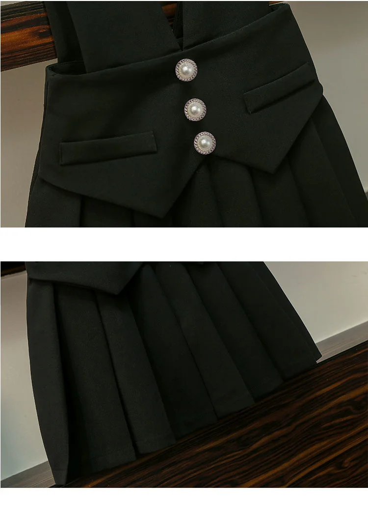 

Separately sale Spring Fall 2 Piece Set Women Lace Trim Flare sleeve Chiffon Shirt + Pearl button Pleated Suspender Dress Suits