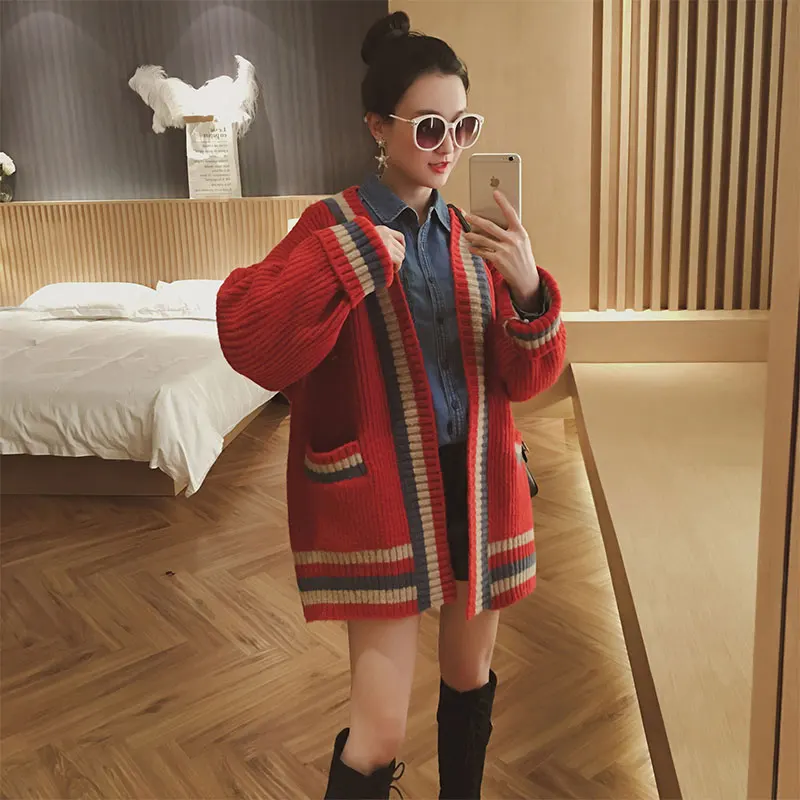 

2019 New Spring autumn new striped women sweater cardigan knitted Jacket loose thicken warm V Neck coat tops female cc1183