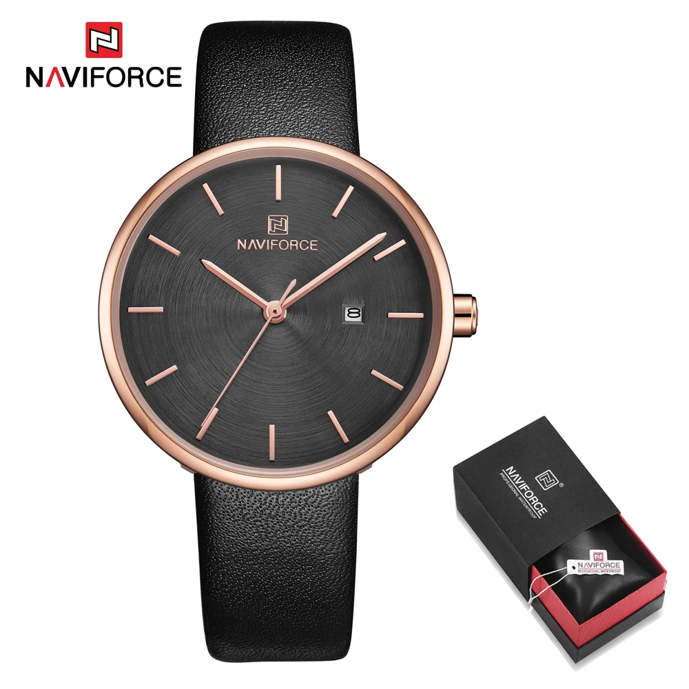 Black in Box NAVIFORCE женские часы модные женские красные PU ремешок для часов кварцевые Дата повседневные часы водонепроницаемые наручные часы подарок для девушки жены женщины - Цвет: Black in Box