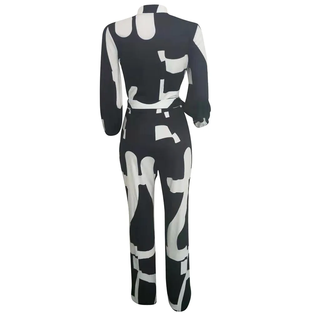 

Plus Size 3XL Women Jumpsuit Oversize Overalls Newspaper Printed African Fashion Design Long Jumpsuits Office Casual Black Belt