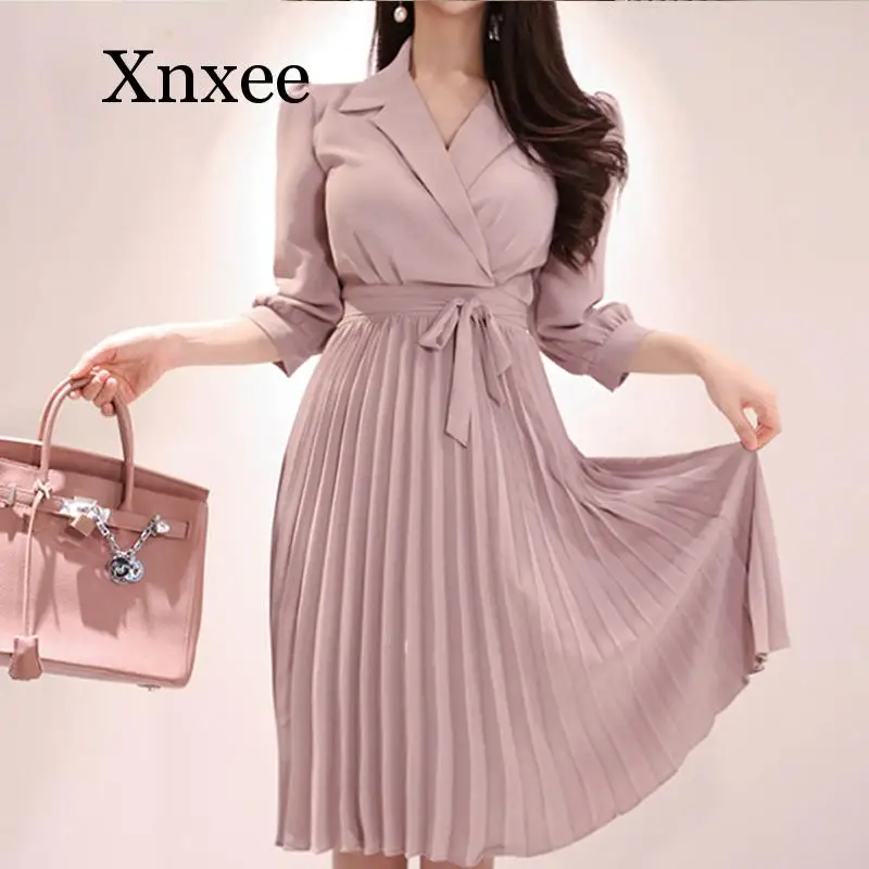

office dress casual summer dress pink belt Office professional women's new fan-shaped collar pleated dress A lace A vintage
