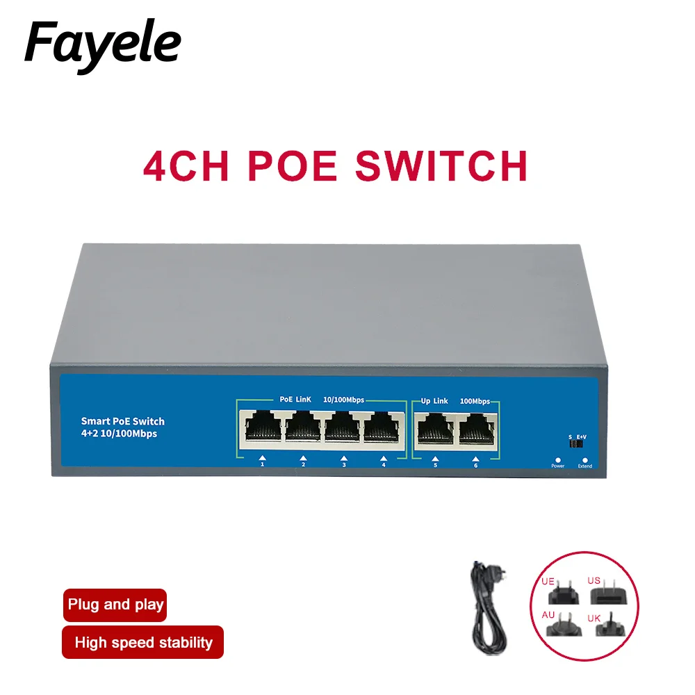 Переключатель POE стандартный 48 В 4 канала 15 Вт/30 Вт IEEE 802.3af/IEEE 802.3at 2 порта uplink 78 для
