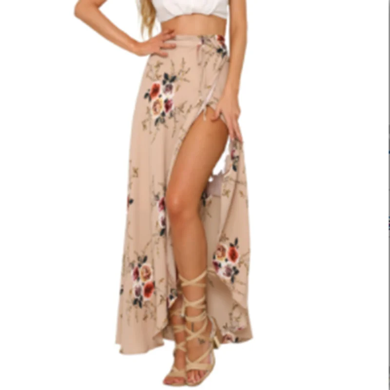

Summer Maxi Skirts Women's Irregular edges lace-up big pendulum split printed high waist retro tribal fashion elegant holiday
