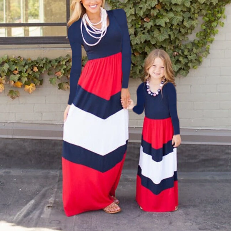 

Autumn Mom and Daughter Dress Long Sleeve Color Patchwork Mother Daughter Dresses Family Matching Outfits Mommy and Me Clothes