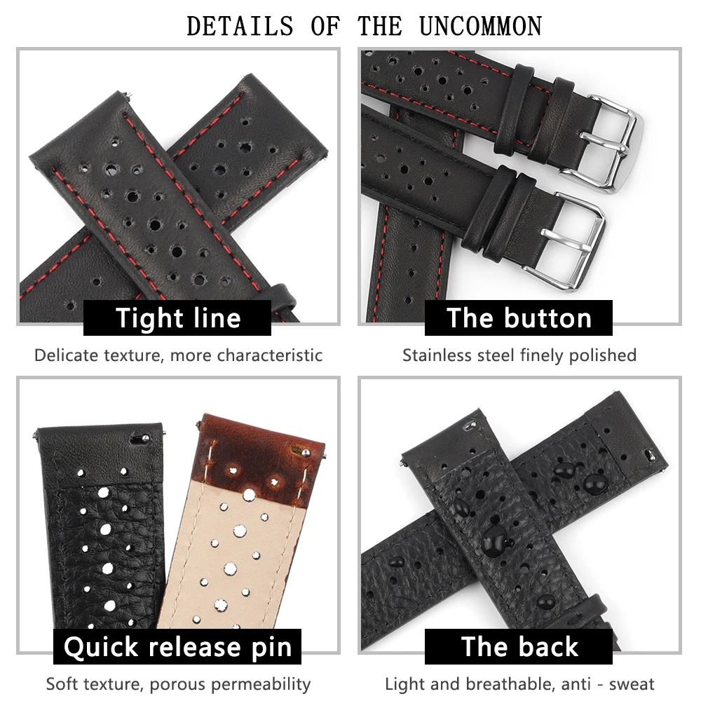Genuine Leather Watch Band 18mm 20mm 22mm 24mm Breathable Porous Wristband Watch Bracelet Handmade Stitching for Men Watchstrap