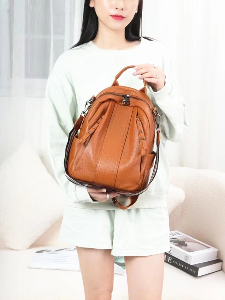 

2021 New Ladies Backpack 100% Leather Large-capacity Travel Bag All-match Fashion School Bags For Teenage Girls Pink Green Sac