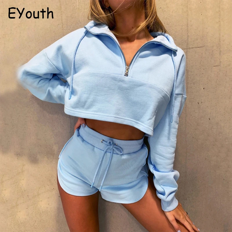 

Casual Women Sets Autumn Home Casual Wear Two-piece Set Female Long-sleeve Pullovers Shorts Fashion Casual Sports Shorts Suit