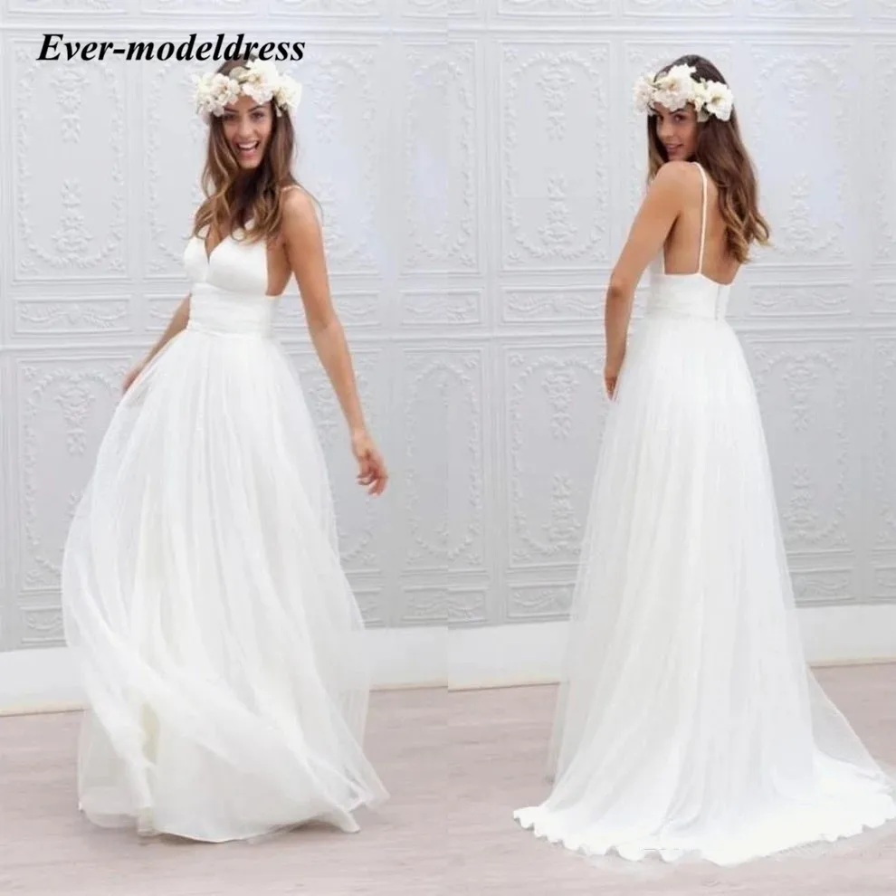 Простое пляжное свадебное платье 2020 A-Line V-образным вырезом на тонких бретельках