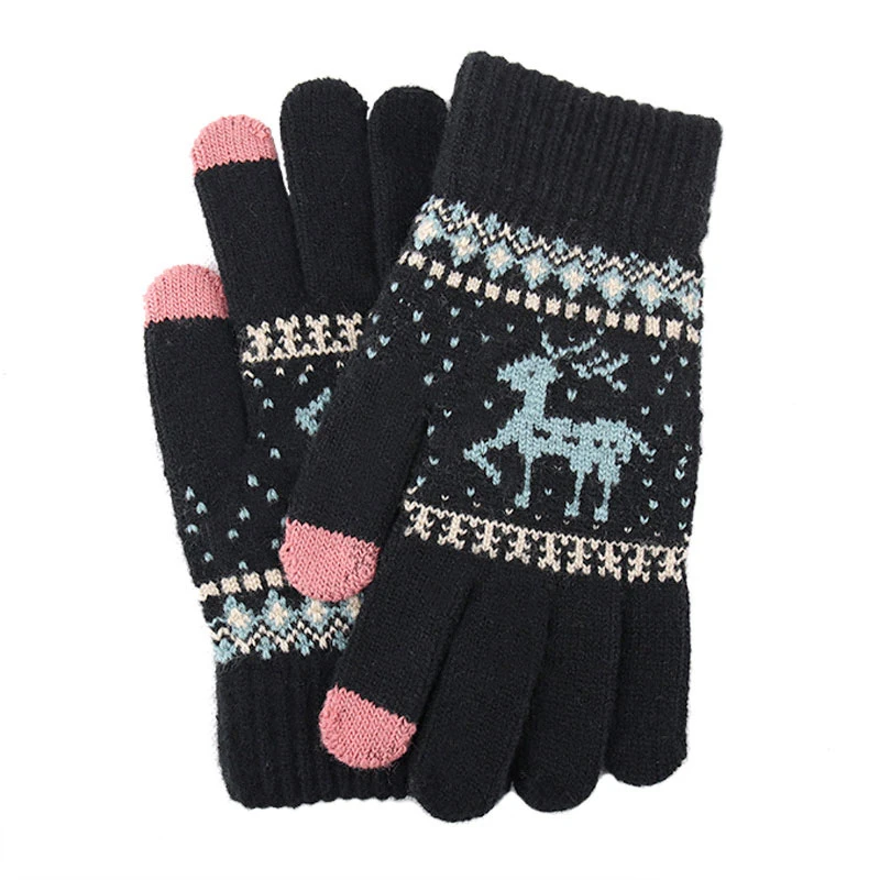 Women NEW Christmas Elk Deer Gloves Knitted Thicken Winter Warm Touch Screen Gloves Full Finger Mittens Red Pink Black Gloves