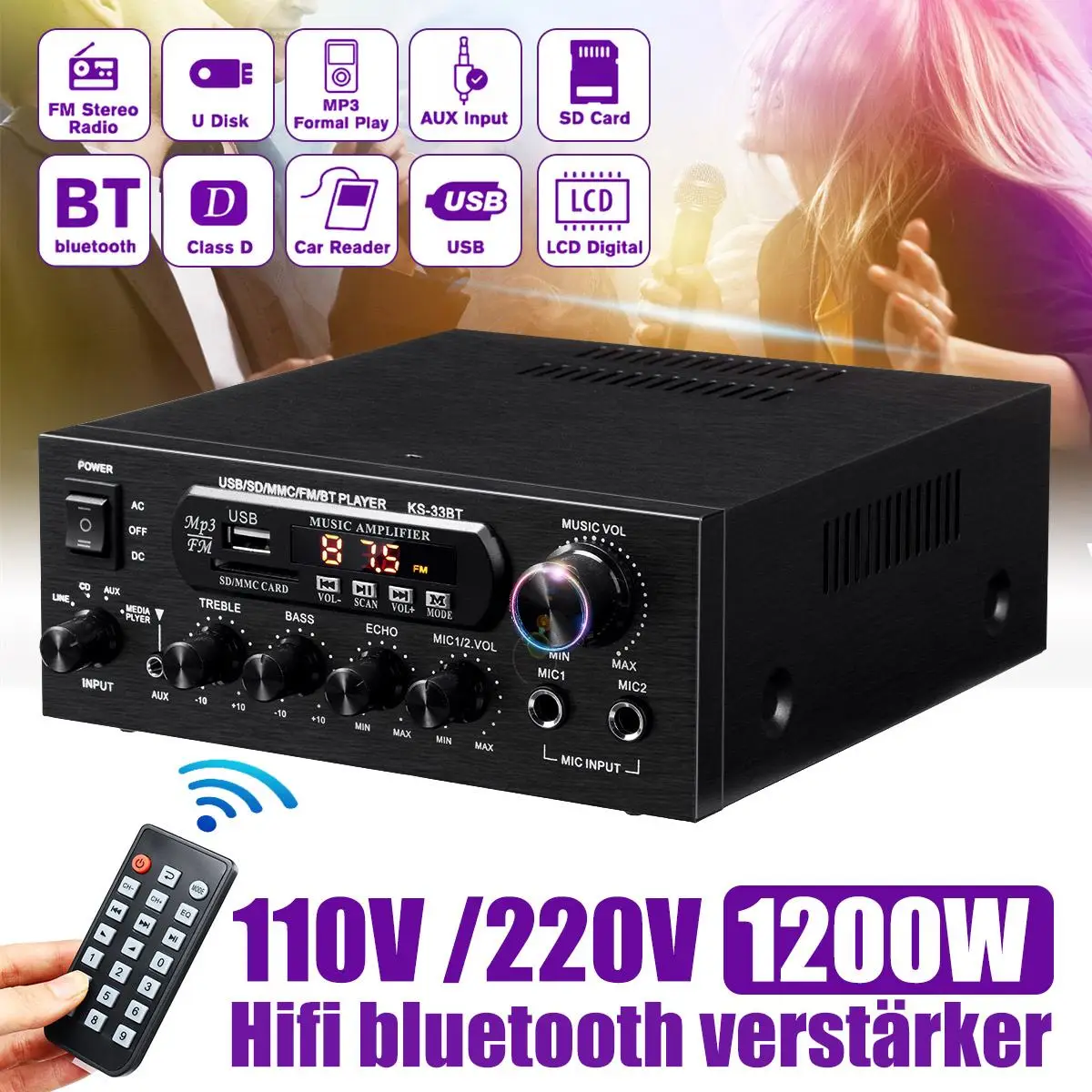 

110V 1200W bluetooth Stereo Amplifier Surround Sound USB SD AMP FM DVD AUX LED Display Home Cinema Karaoke Remote Control