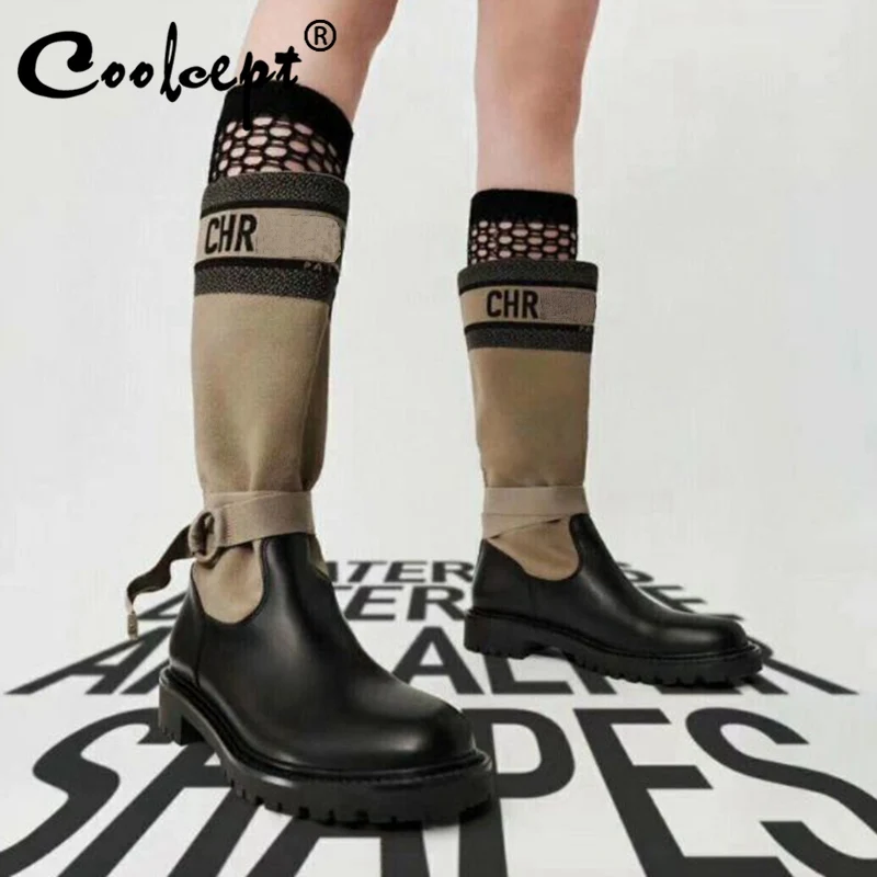 

Coolcept Women Fashion Shoes Mid Claf Boots Mixed Color Thick Heels Winter Cool Ins Style Ladies Footwear Size 34-40