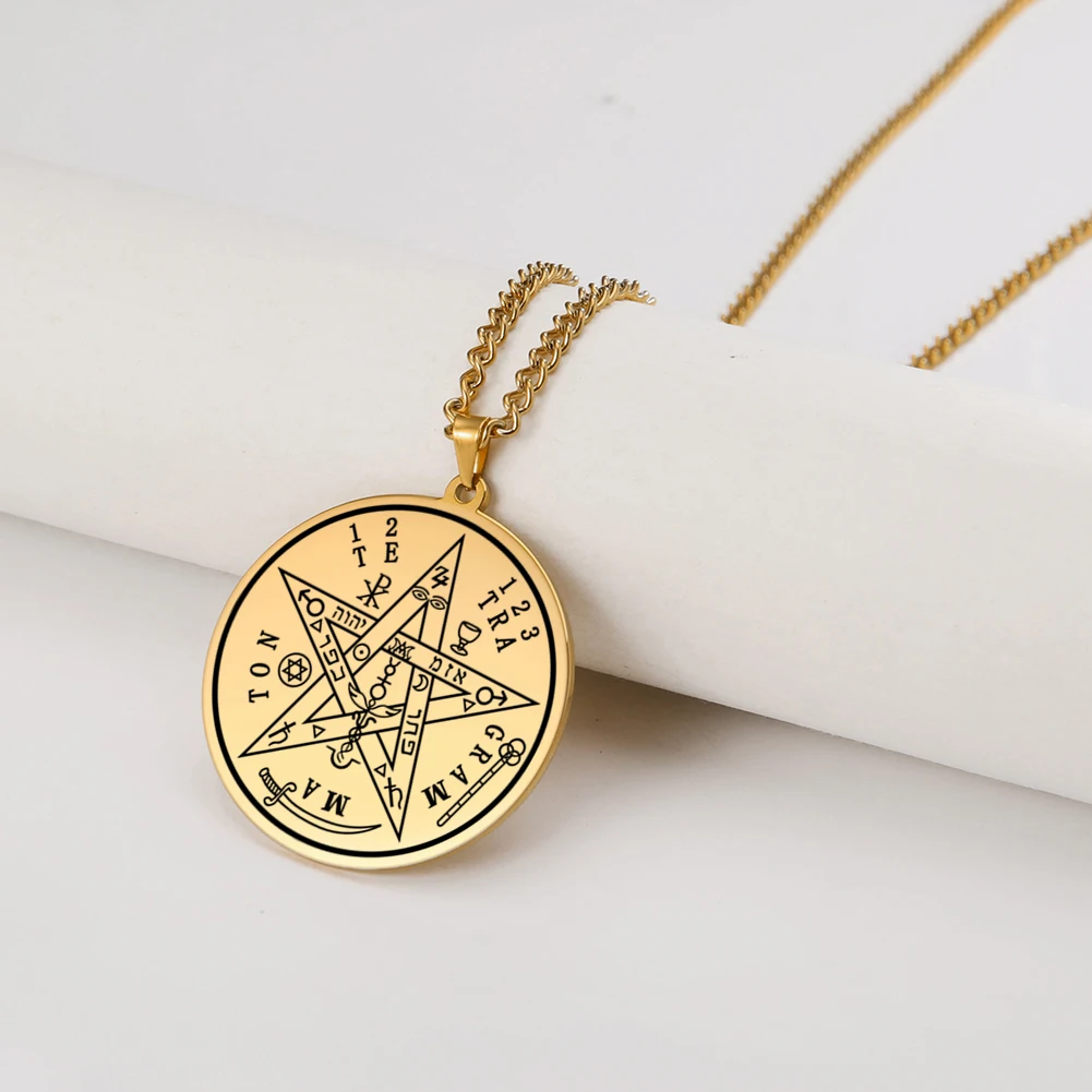 

Dawapara Vintage Tetragrammaton Pendant Necklaces Wahyeh Magical Blessed Pentagram of Solomon Amulet Stainless Steel Necklace