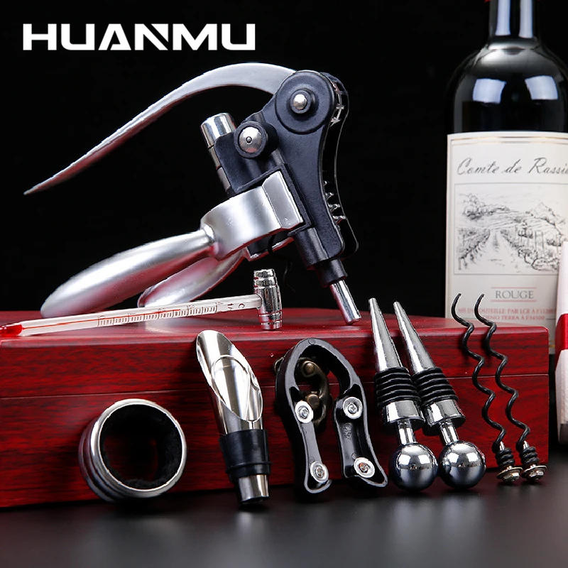 

9Pcs/Set High-end Wine Corkscrew Sets Wine Decanter Leather Wooden Box Cork Bar Tools Gift Pack Drinking Открывалка для вина
