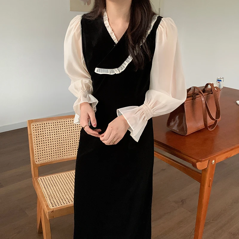 

2021 Winter Women's New Style Korean Style Long-sleeved V-neck Fake Two-piece Splicing Dress Dress W19