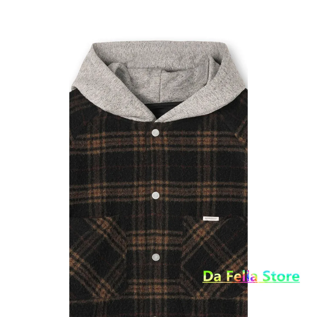 

Slightly Oversized Represent Hooded OVERSHIRT 20FW Men Women 1:1 Plaid Wool Cotton Blend Represent Shirts Jersey Hood Blouse