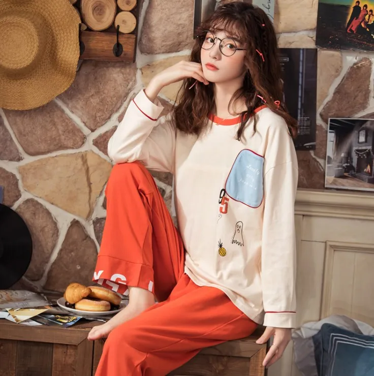 Большие размеры, M-XXL, женские пижамные комплекты, хлопок, одежда для сна, весна-осень, пижамы с длинным рукавом, пижамный комплект с круглым вырезом, женские пижамы - Цвет: MX2687
