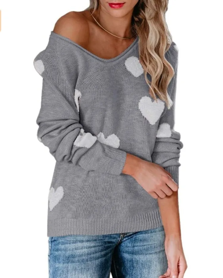 

2020 New Arrival Autumn Heart Print V Neck Casual Women Sweater Sexy Off Shoulder Long Sleeves Loose Knitwear