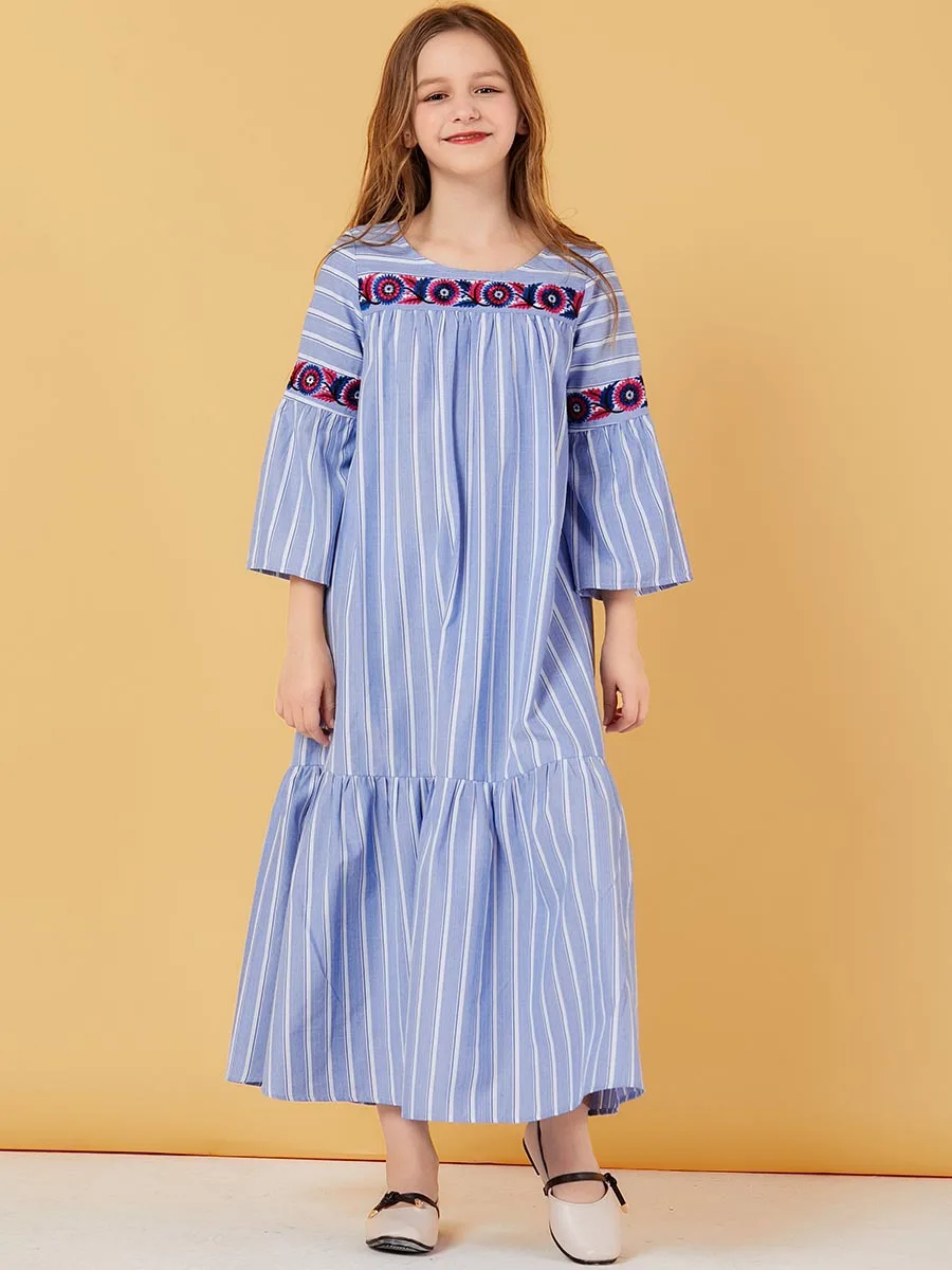 Милое Платье для мусульманских девочек Детские плиссированные платья в полоску