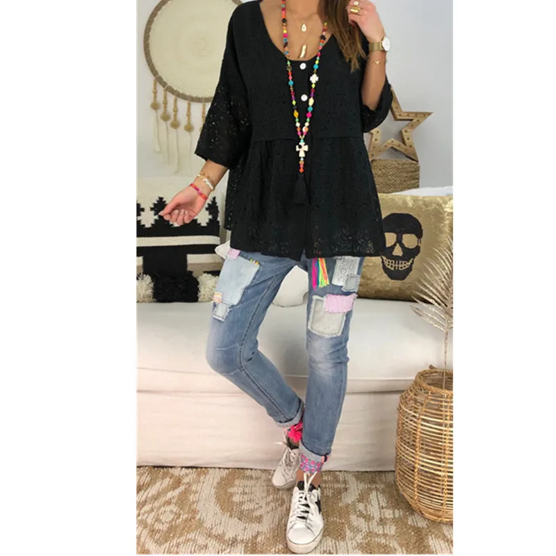 Женская кружевная блузка большого размера Однотонная рубашка с круглым вырезом