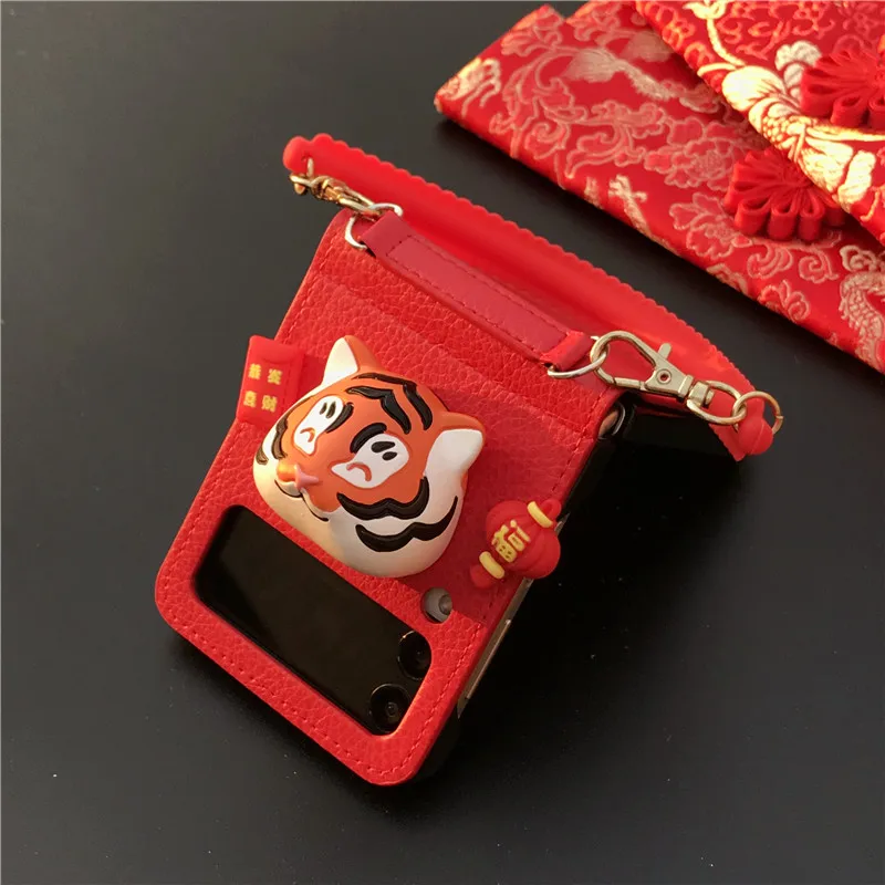 New Year Tiger Stand Case for Samsung ZFLIP 3 Etui Festive Year of The Tiger F7110 for Galaxy Z FLIP 3 Funda Para 5G Luxury Gift