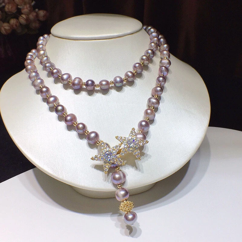 

HABITOO Natural 8-9 MM Purple Baroque Freshwater Pearl Gold Bead Necklace Crystal Cubic Zircon Star Clasp Adjustable 40inch Gift