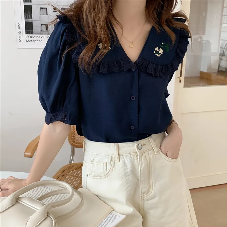 

CBAFU lacework florals embroidery streetwear retro chic blouse women sweet elegant OL summer femme tops shirts girls blouse N214