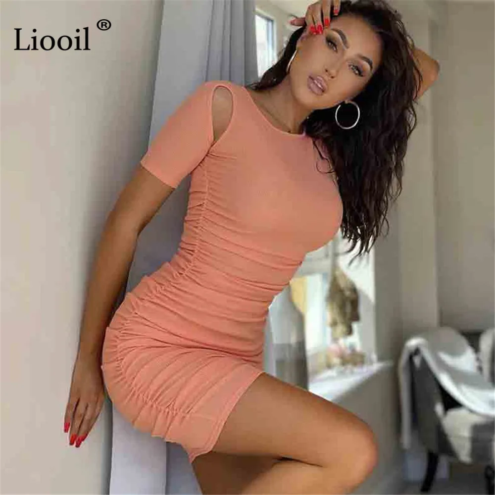 

Liooil Sexy Ruched Bodycon Mini Dress Women Summer 2021 New Streetwear Short Sleeve O Neck Coral Red Party Tight Draped Dresses